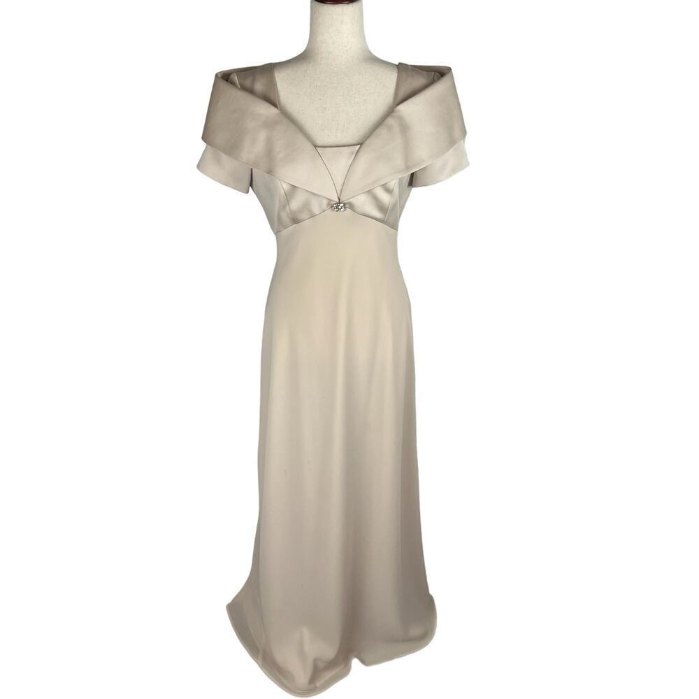 VINTAGE CACHET EMBELLISHED SQUARE‎ NECK SATIN MIDI DRESS IN CREAM WOMEN'S SIZE 8